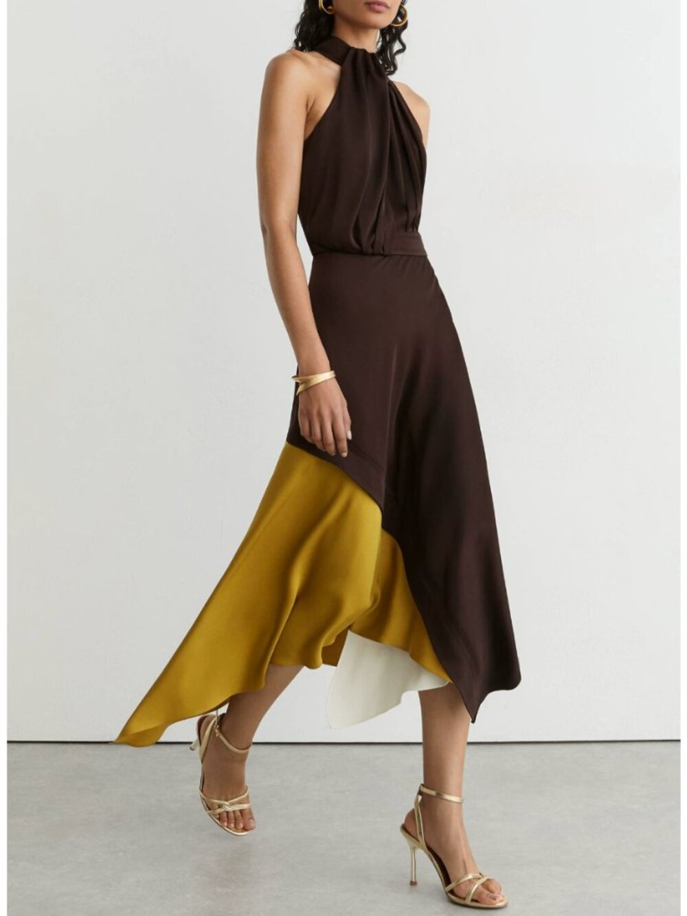 REISS Bianca Midi Dress - Burgundy/Green Colour-Block Layered